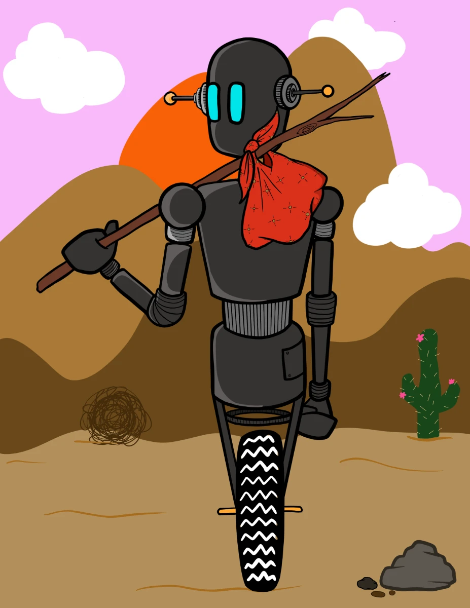 An image of a robot, with dark grey metallic body, carries a red bindle on a stick. The robot has one wheel with large treads instead of legs and feet. The robot is moving away from the viewer but has turned its head towards us. It has large rectangular cyan eyes and two antennae, with golden spheres at the tips, sticking out of the sides of its head, as if ears. The background a cartoon desert, in browns and oranges. There are some fluffy clouds in the pink sky. There is a small tumbleweed beyond the robot, the left of the image, and a small green cactus with white needles and 3 pink flowers to the right, also beyond the robot. Next to the robot, on its right is a small bunch of stones.